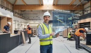 Architecte pilotant un chantier de magasin avec interface de gestion de projet et planning nume?rique.