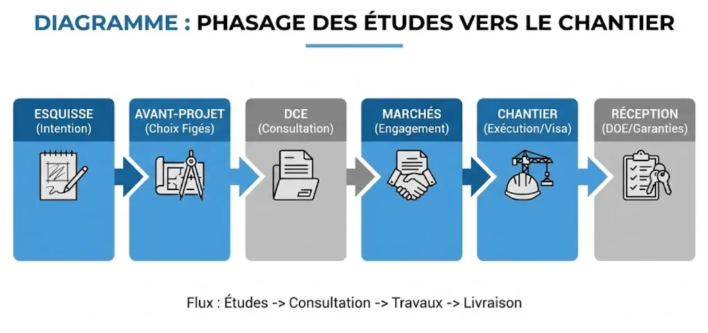 Infographie phasage projet architecture : de l'esquisse à la réception des travaux et DOE