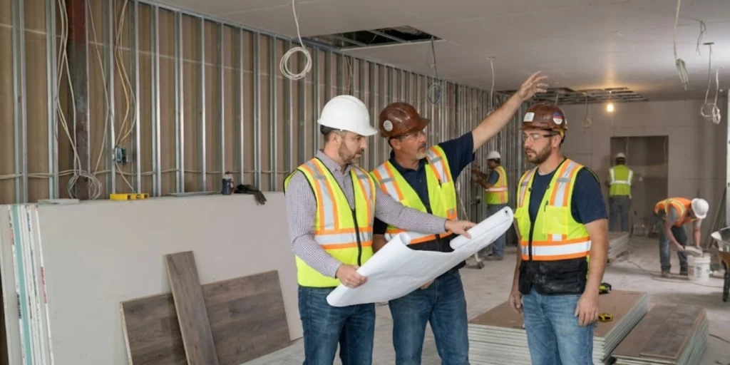 Re?union de chantier magasin architecte et entreprises coordonnant les finitions agencement inte?rieur.