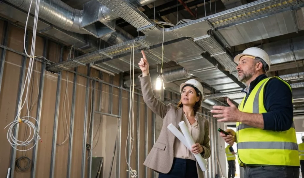 Réunion de suivi de chantier magasin : architecte et artisan vérifiant les réseaux CVC et électriques au plafond.