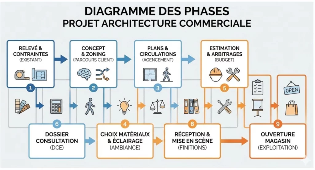 Diagramme des phases projet architecture commerciale du releve? a? l'ouverture magasin, e?tapes cle?s.