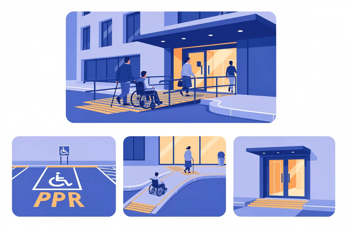 Sécuriser cheminements extérieurs et entrée pour garantir un accès continu — Illustration — accessibilité PMR — Maitre d